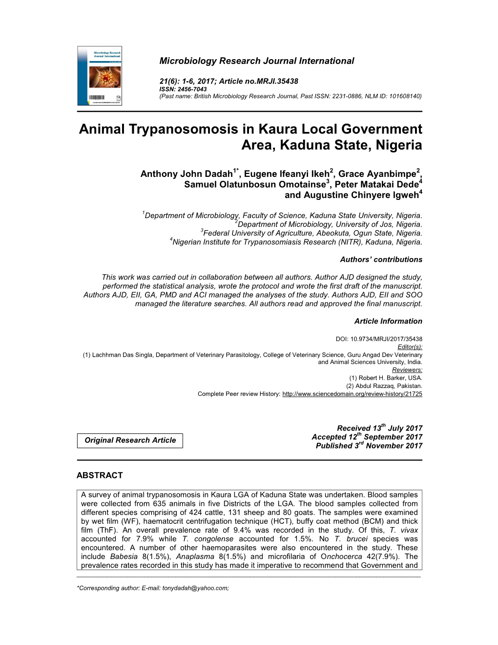 Animal Trypanosomosis in Kaura Local Government Area, Kaduna State, Nigeria