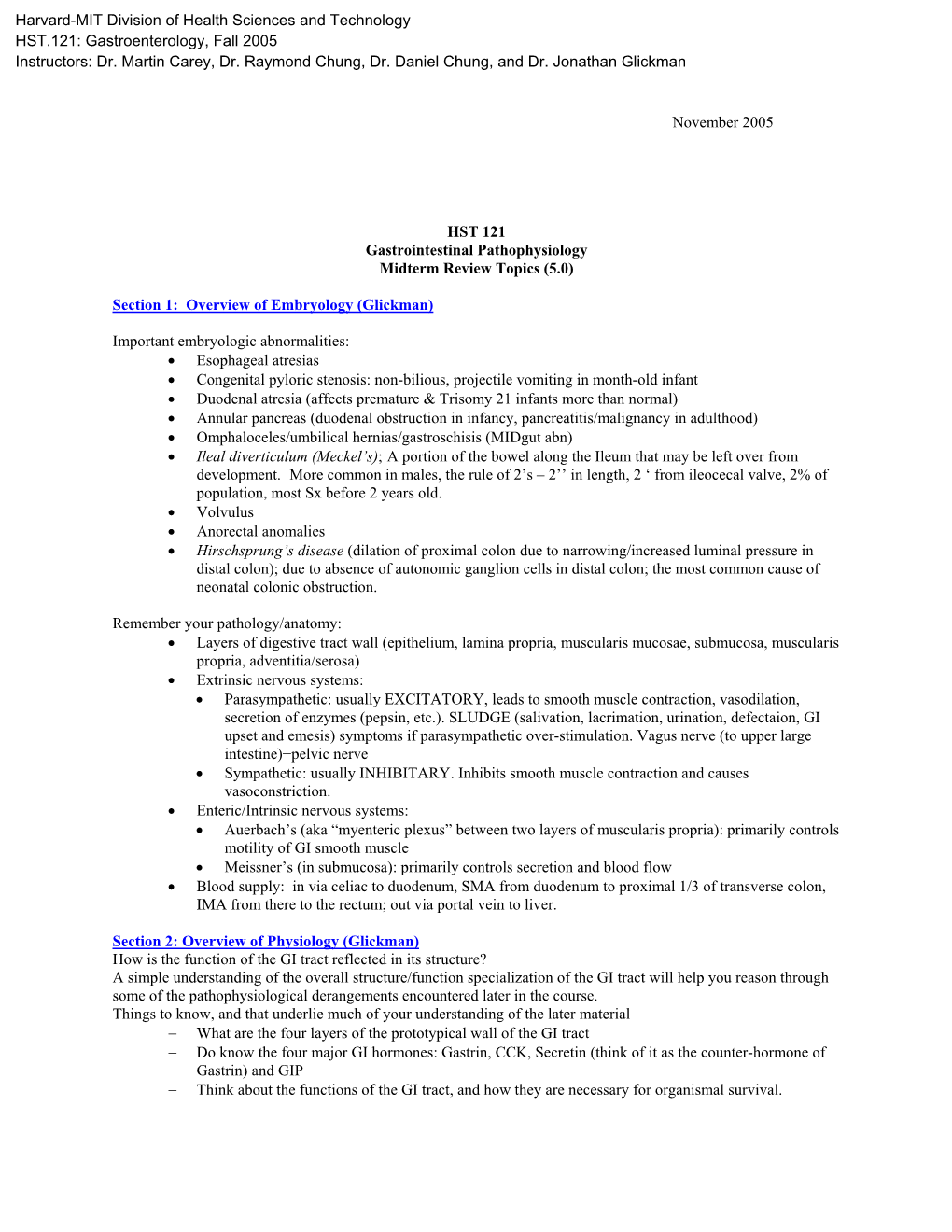 November 2005 HST 121 Gastrointestinal Pathophysiology