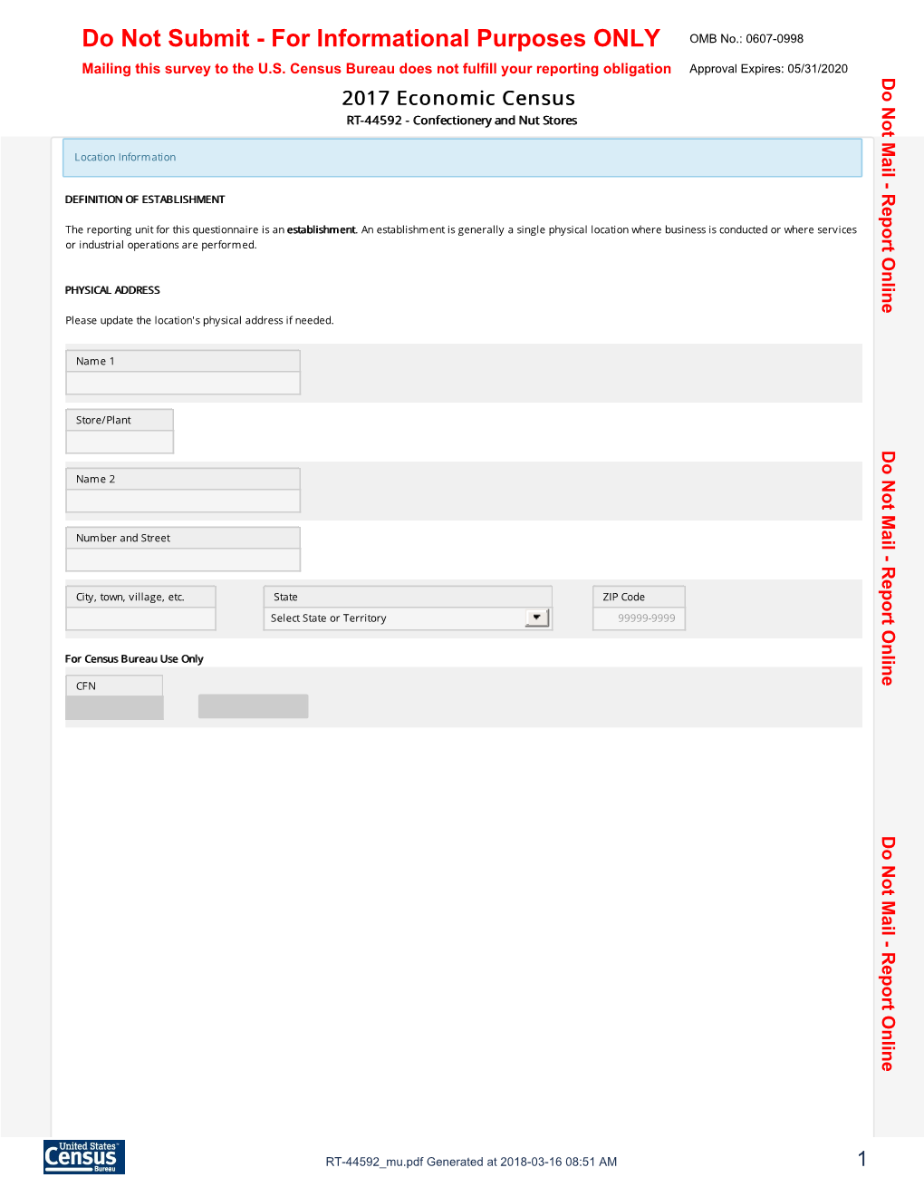 For Informational Purposes ONLY OMB No.: 0607-0998 Mailing This Survey to the U.S