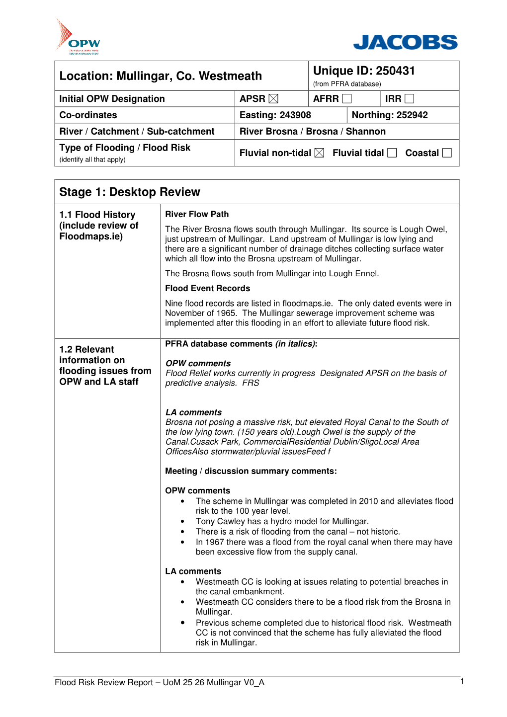 Mullingar, Co. Westmeath Unique ID: 250431 Stage 1: Desktop Review