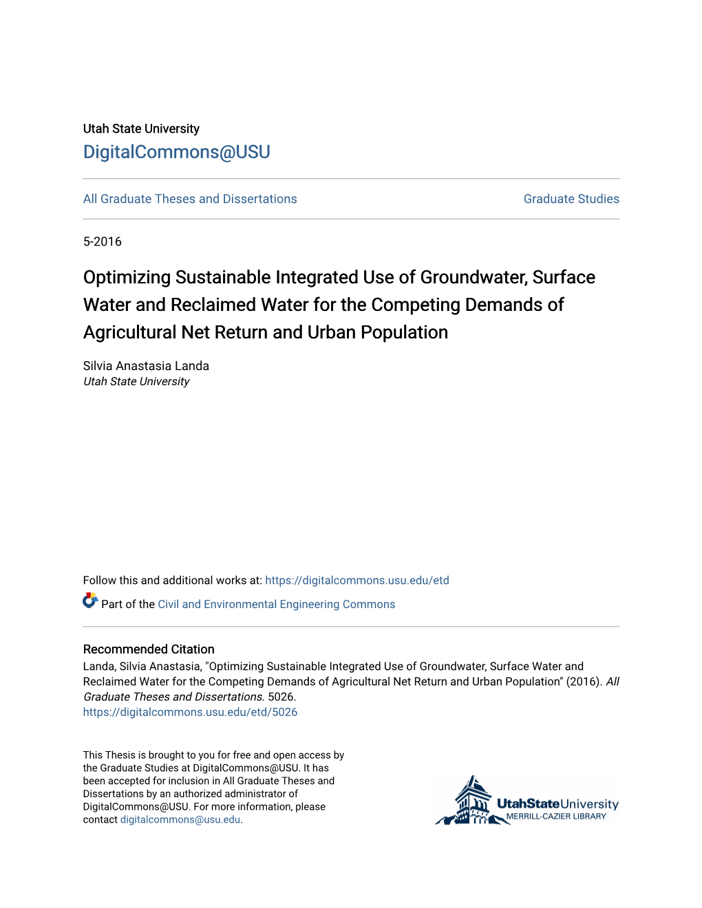Optimizing Sustainable Integrated Use of Groundwater, Surface Water and Reclaimed Water for the Competing Demands of Agricultural Net Return and Urban Population