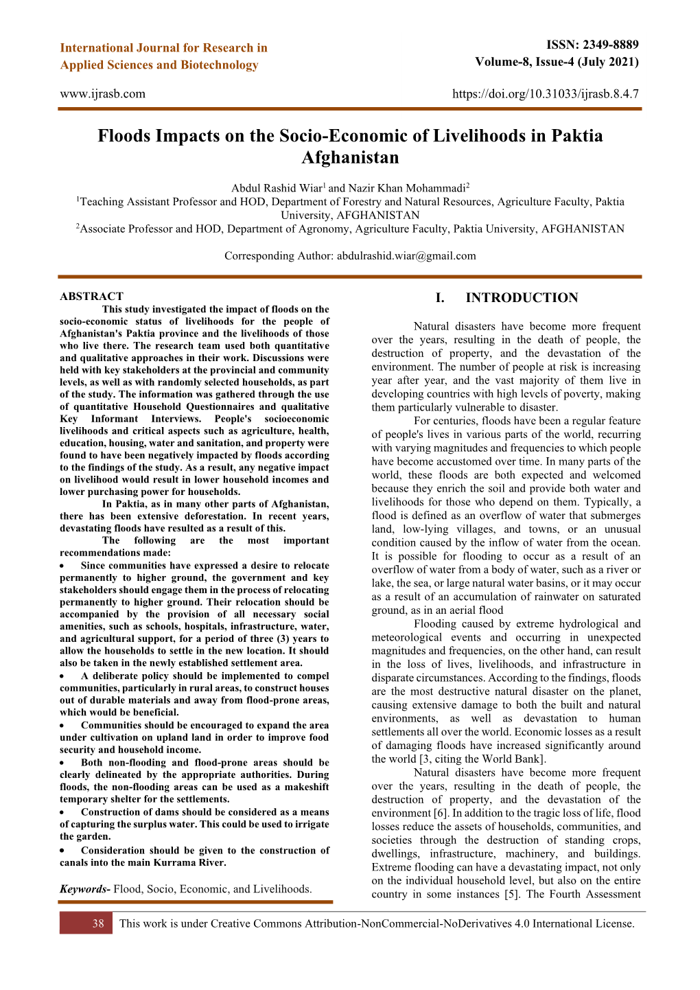 Floods Impacts on the Socio-Economic of Livelihoods in Paktia Afghanistan