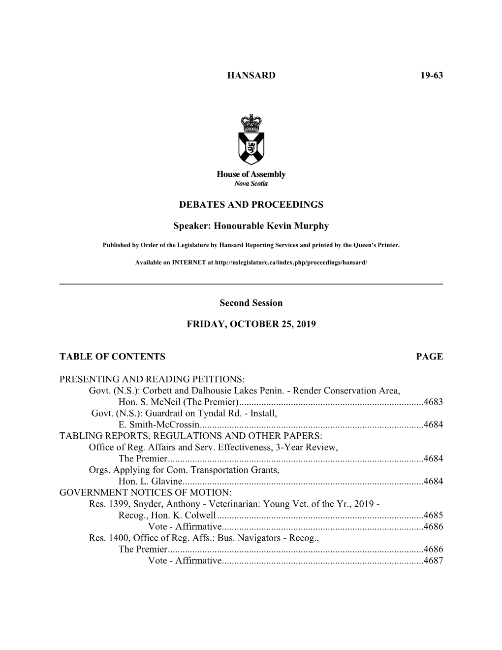 HANSARD 19-63 DEBATES and PROCEEDINGS Speaker