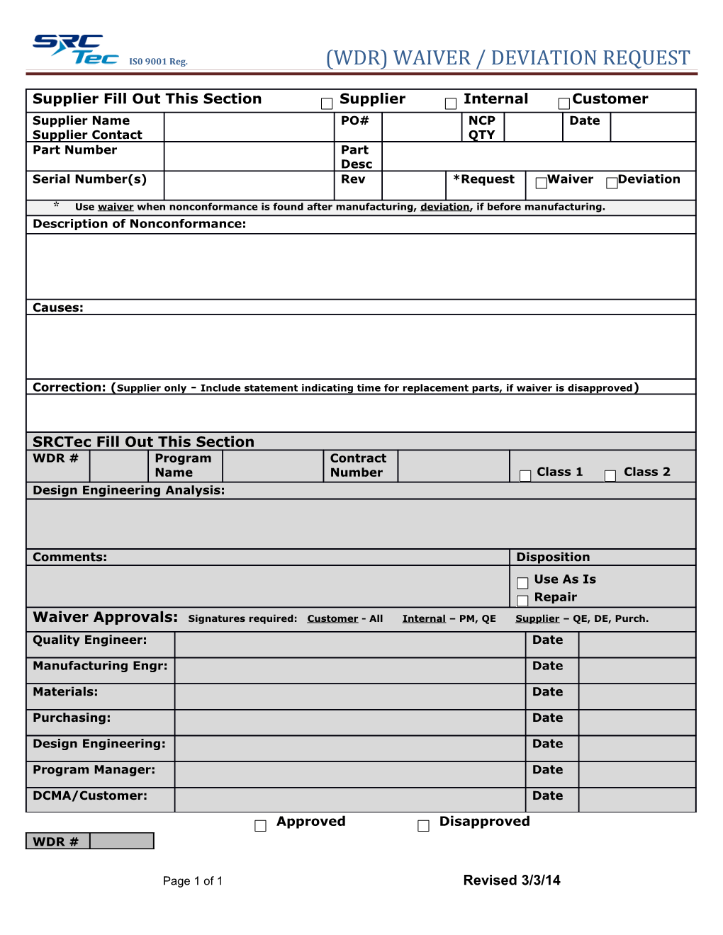 Srctec WAIVER / DEVIATION FORM