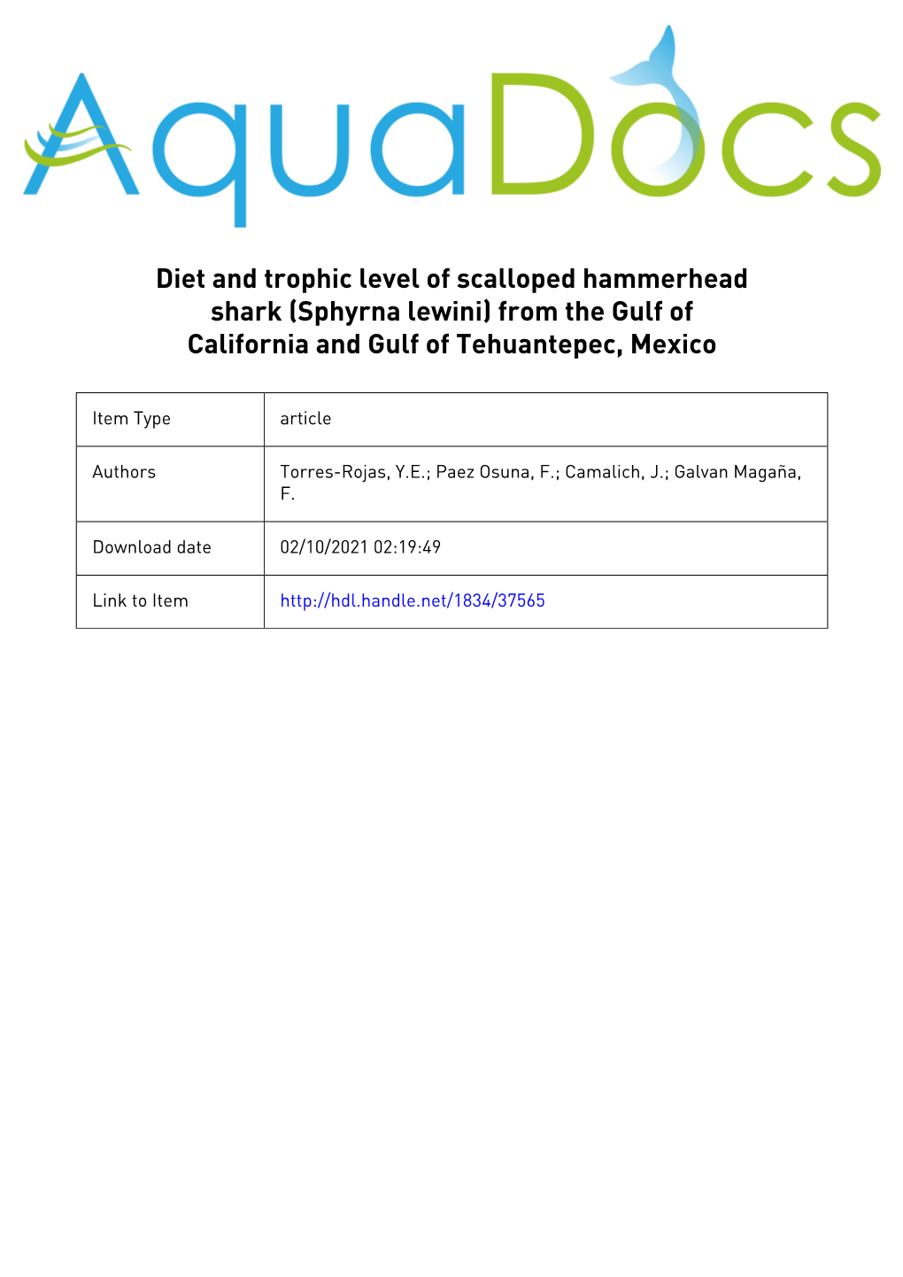 Diet and Trophic Level of Scalloped Hammerhead Shark (Sphyrna Lewini) from the Gulf of California and Gulf of Tehuantepec, Mexico