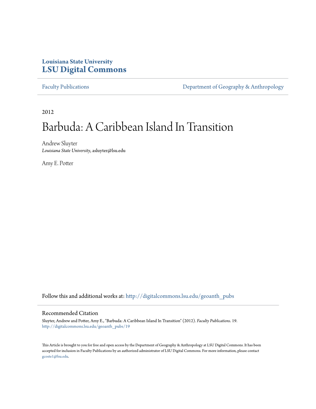 Barbuda: a Caribbean Island in Transition Andrew Sluyter Louisiana State University, Asluyter@Lsu.Edu