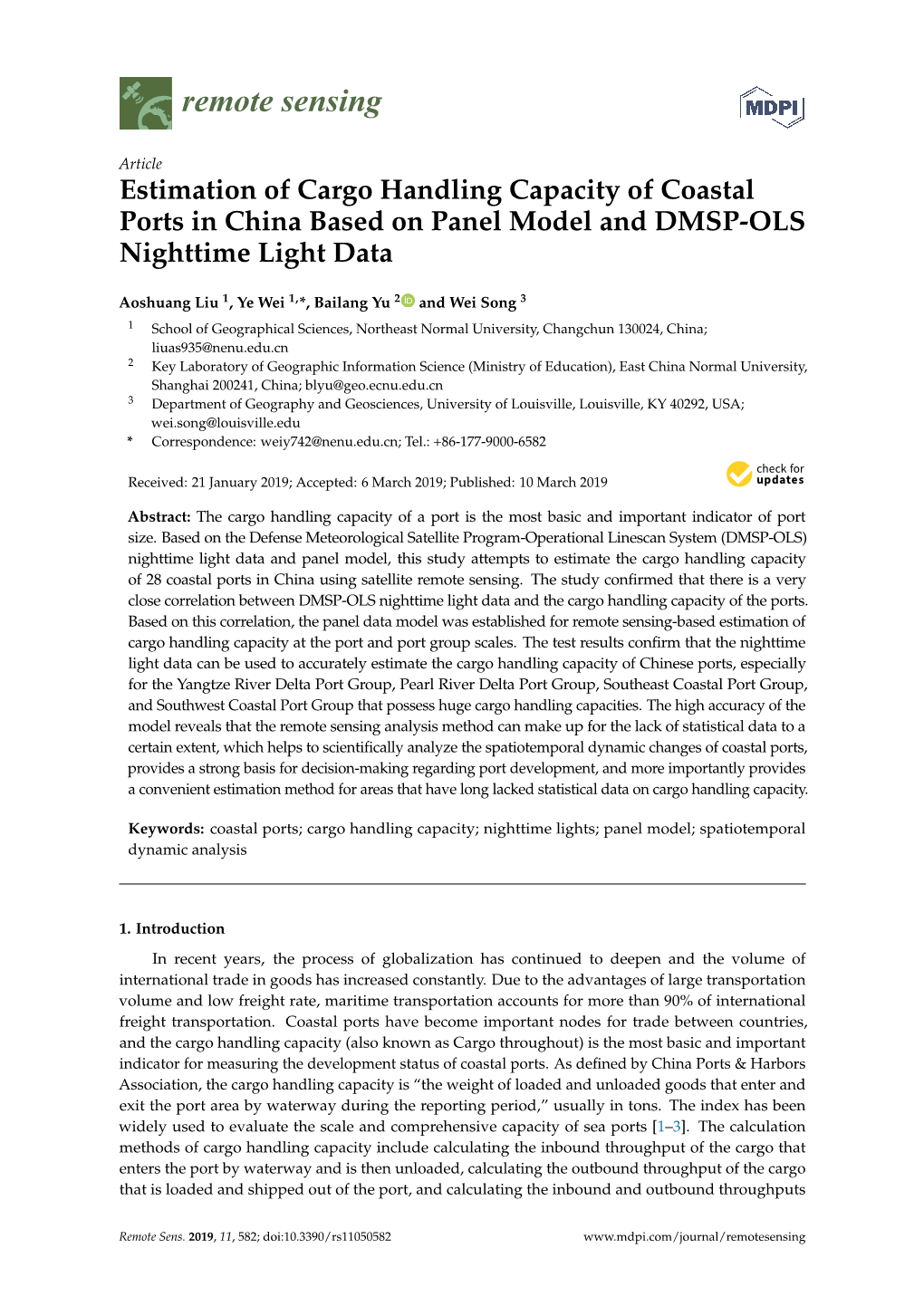 Estimation of Cargo Handling Capacity of Coastal Ports in China Based on Panel Model and DMSP-OLS Nighttime Light Data