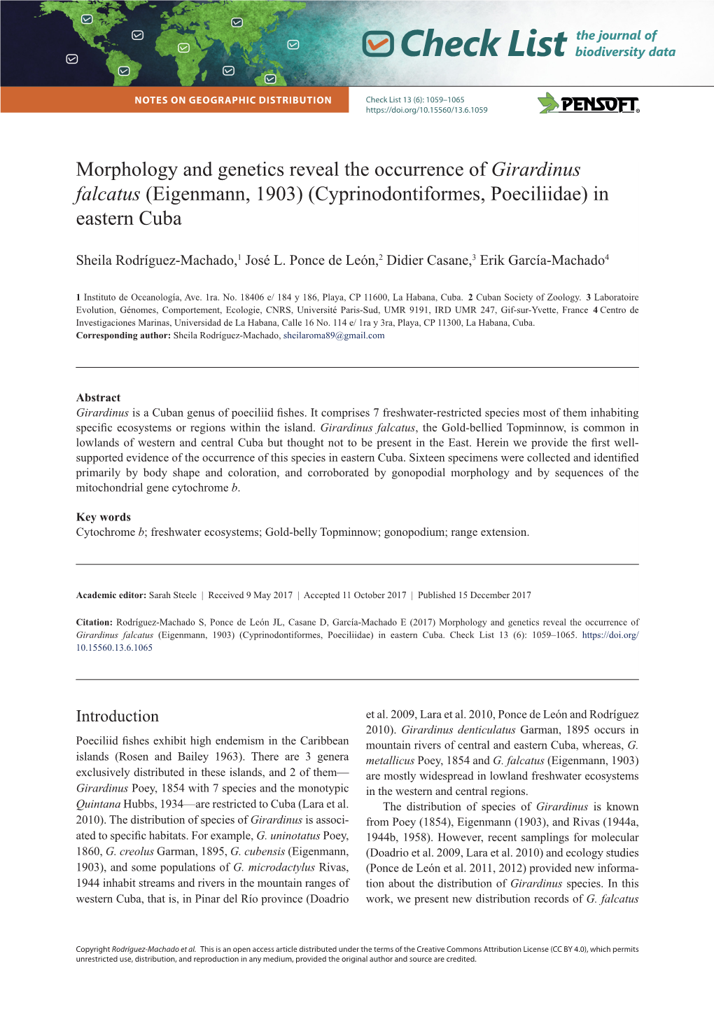 Morphology and Genetics Reveal the Occurrence of Girardinus Falcatus (Eigenmann, 1903) (Cyprinodontiformes, Poeciliidae) in Eastern Cuba