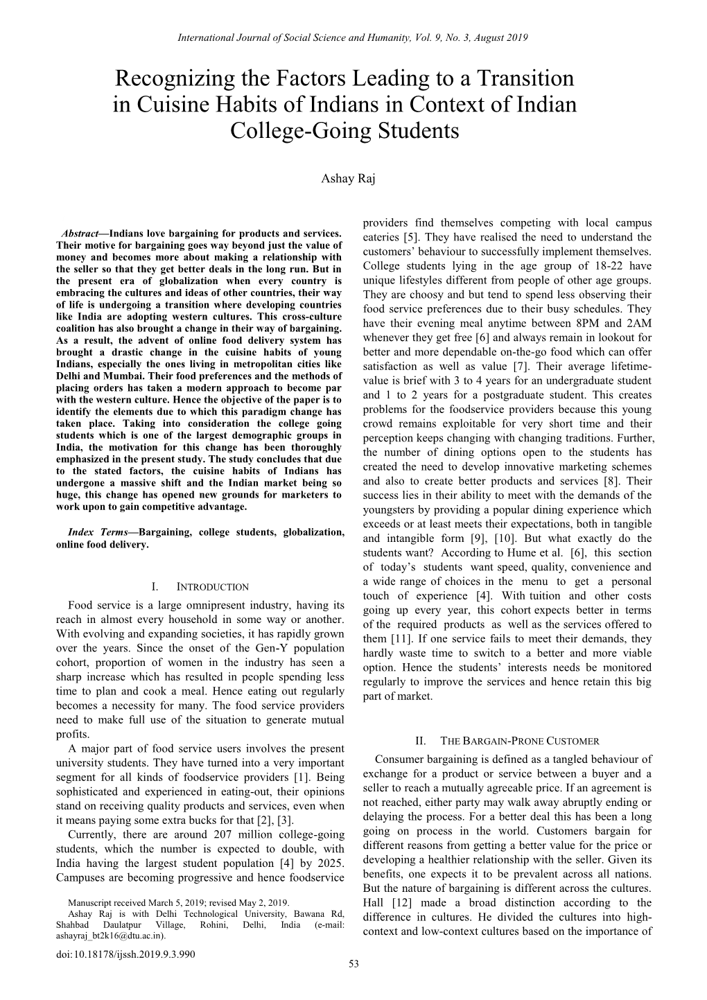 Recognizing the Factors Leading to a Transition in Cuisine Habits of Indians in Context of Indian College-Going Students