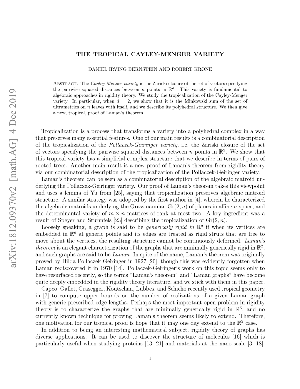 THE TROPICAL CAYLEY-MENGER VARIETY 3 Where P Is a Generic Point Conﬁguration in (Rd)N