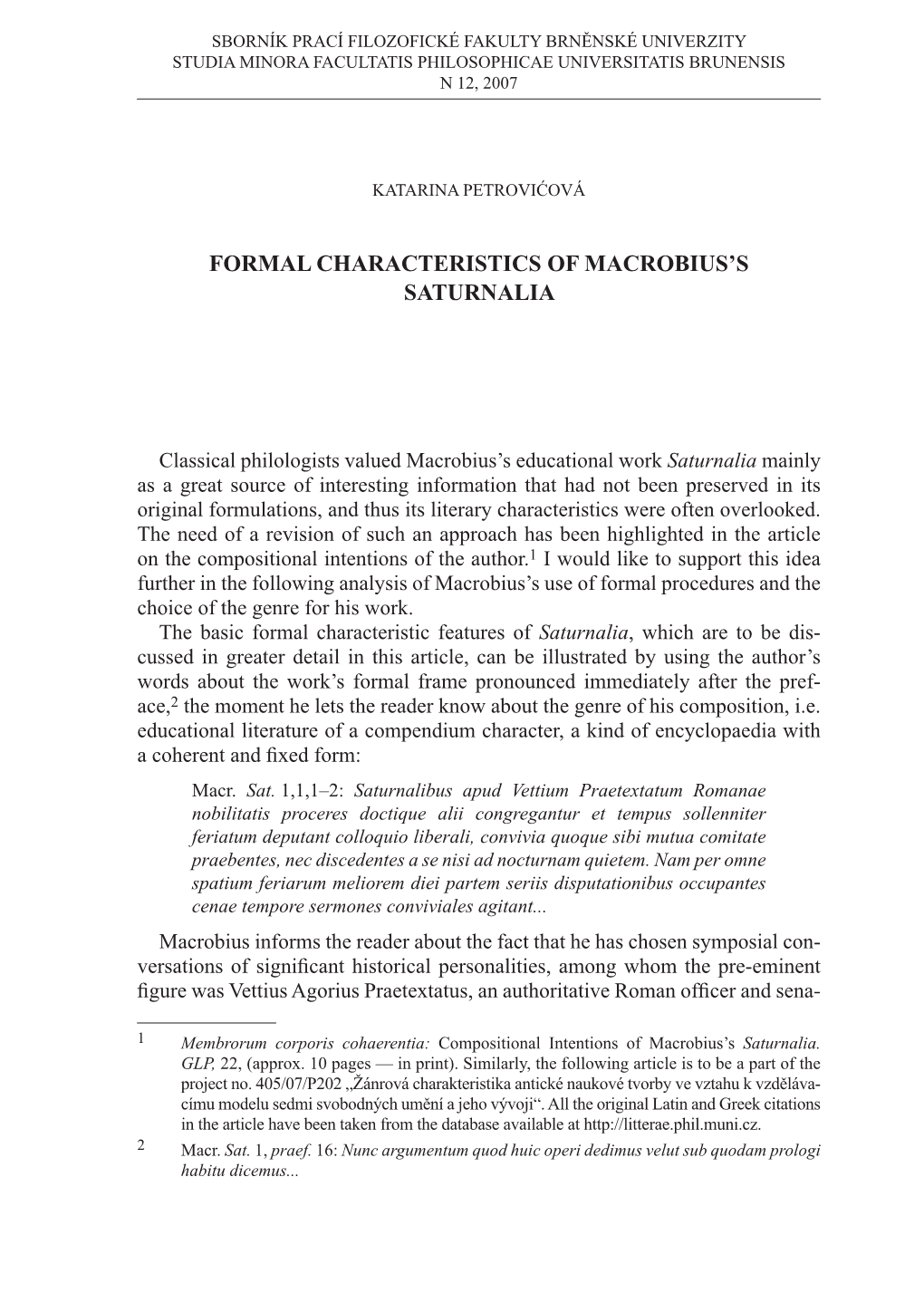 Formal Characteristics of Macrobius's Saturnalia