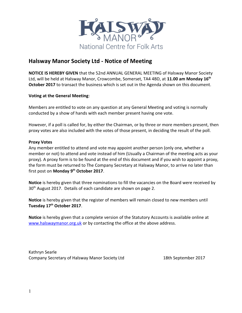 Agenda for Halsway Manor Society Ltd