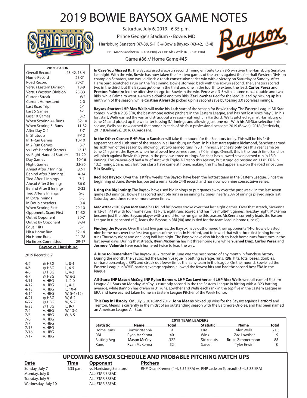 2019 BOWIE BAYSOX GAME NOTES Saturday, July 6, 2019 - 6:35 P.M