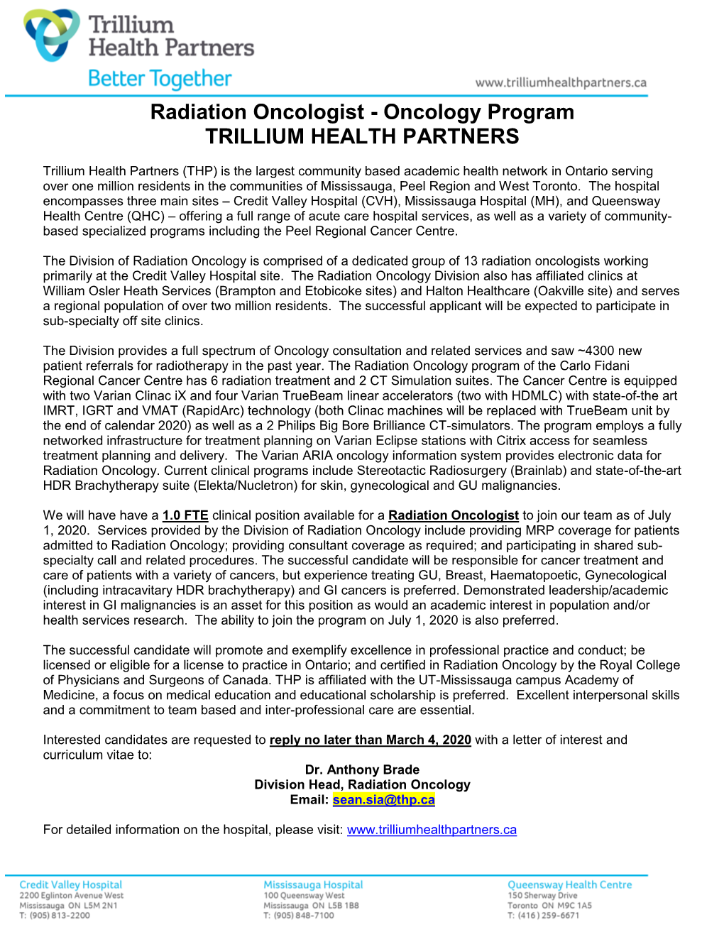 Radiation Oncologist - Oncology Program TRILLIUM HEALTH PARTNERS