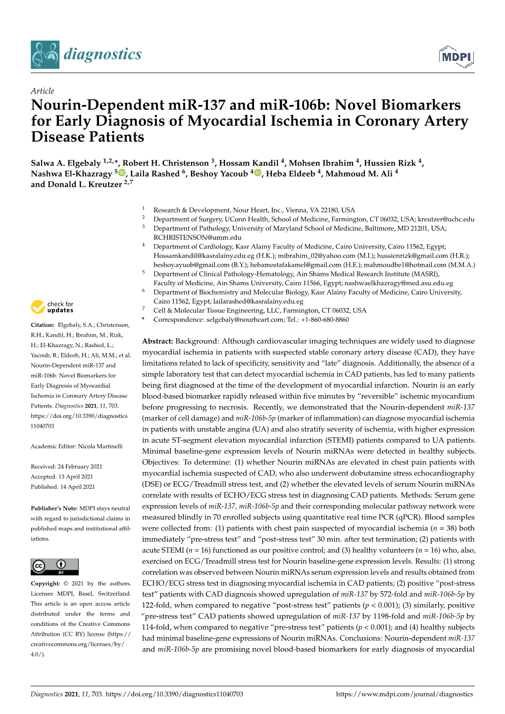 Novel Biomarkers for Early Diagnosis of Myocardial Ischemia in Coronary Artery Disease Patients