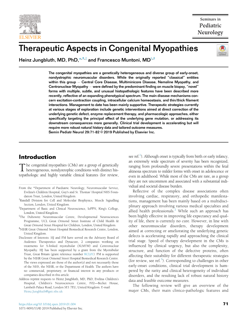 Therapeutic Aspects in Congenital Myopathies Heinz Jungbluth, MD, Phd,*,†,Z and Francesco Muntoni, Mdx,ǁ