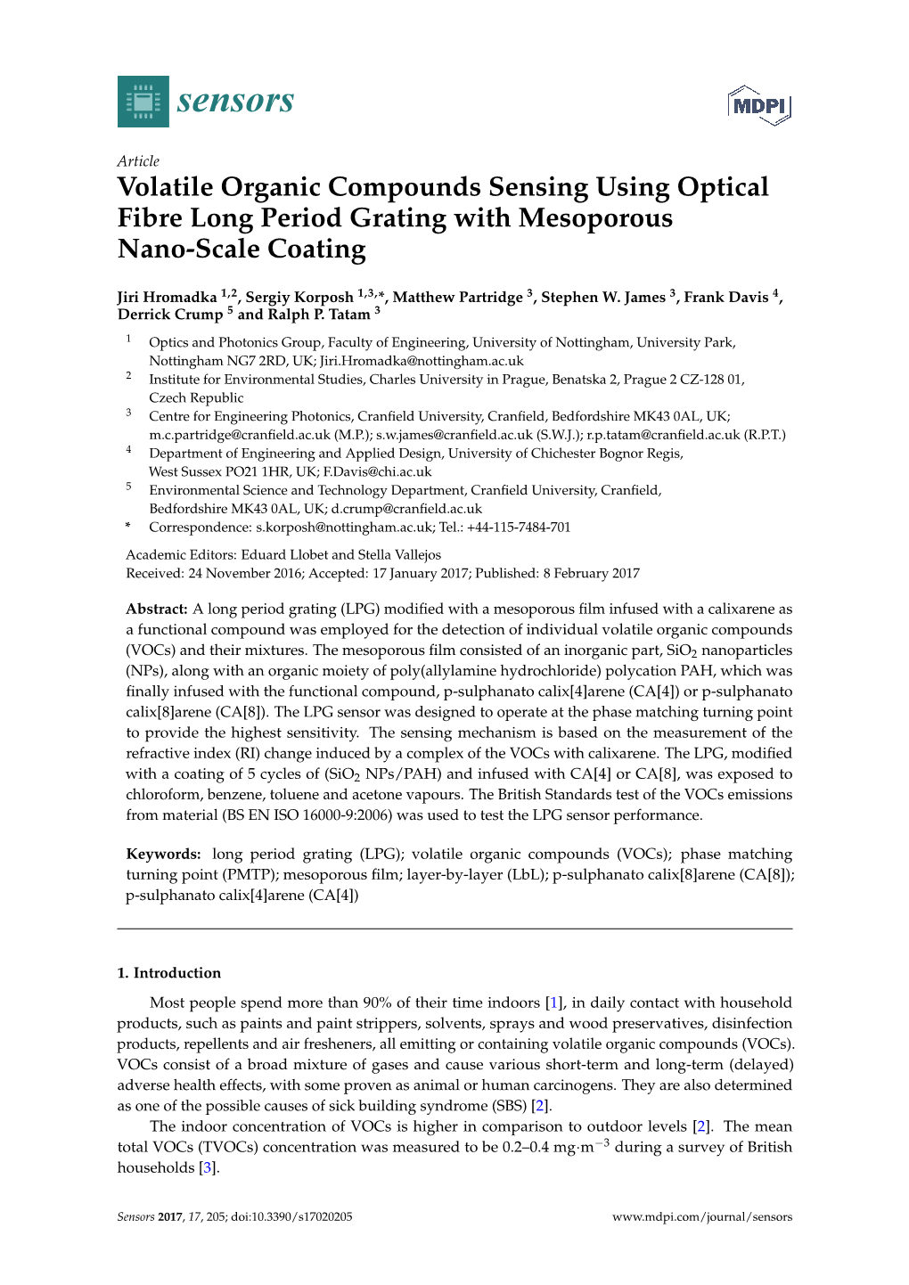 Volatile Organic Compounds Sensing Using Optical Fibre Long Period Grating with Mesoporous Nano-Scale Coating