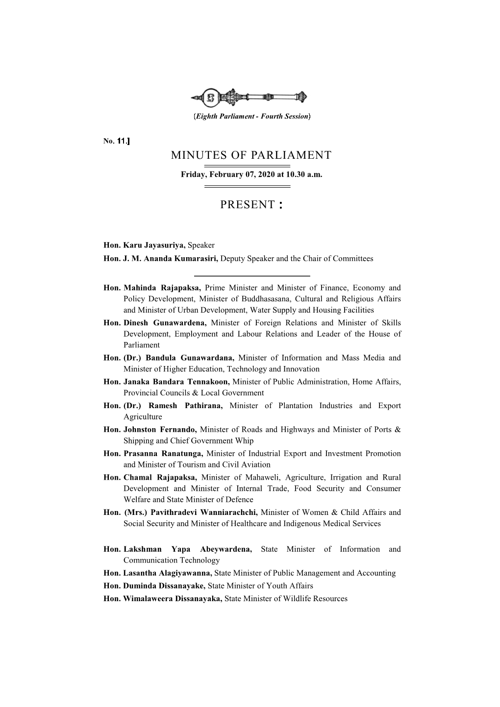 Minutes of Parliament Present