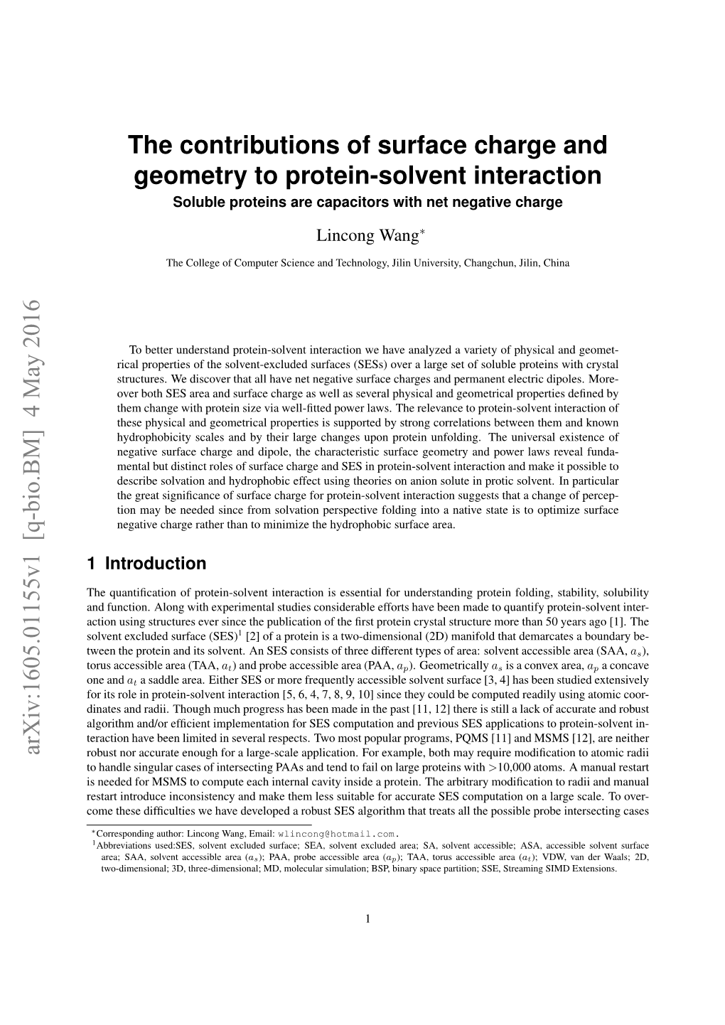 The Contributions of Surface Charge and Geometry to Protein-Solvent Interaction Arxiv:1605.01155V1 [Q-Bio.BM] 4 May 2016