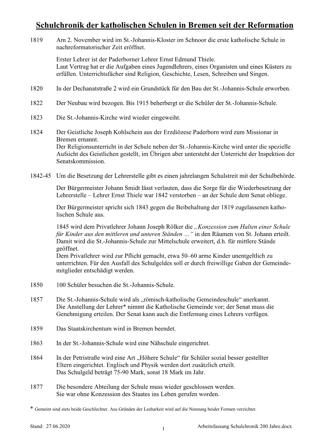 Arbeitsfassung Schulchronik 200 Jahre.Docx 1878 Der Vorstand Der Katholischen Gemeinde Bittet Den Senat Um Finanzielle Unterstützung Der St.-Johannis-Schule