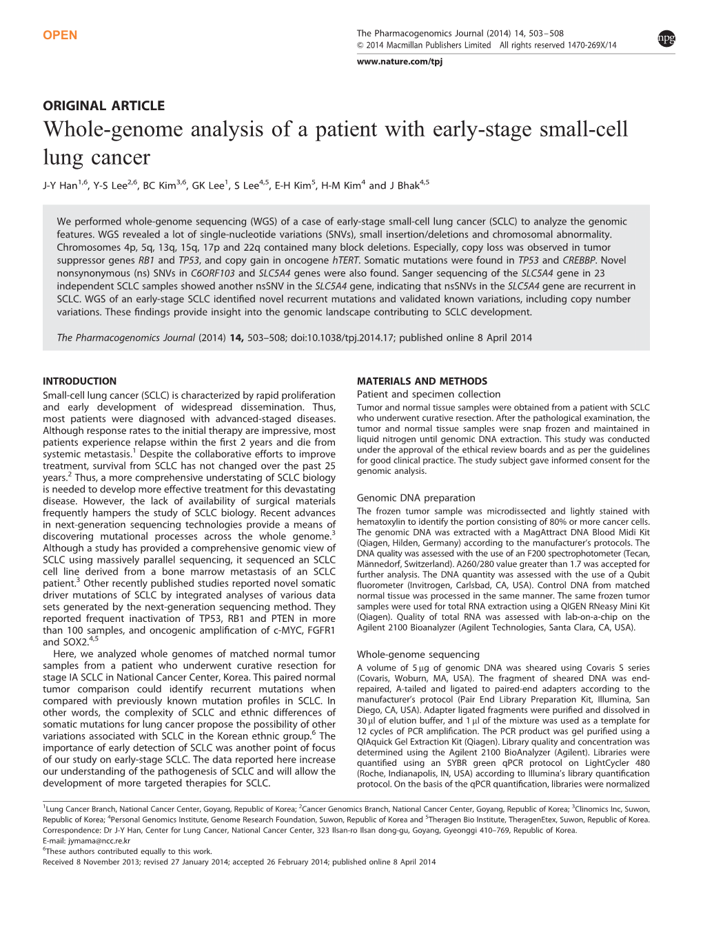 Whole-Genome Analysis of a Patient with Early-Stage Small-Cell Lung Cancer