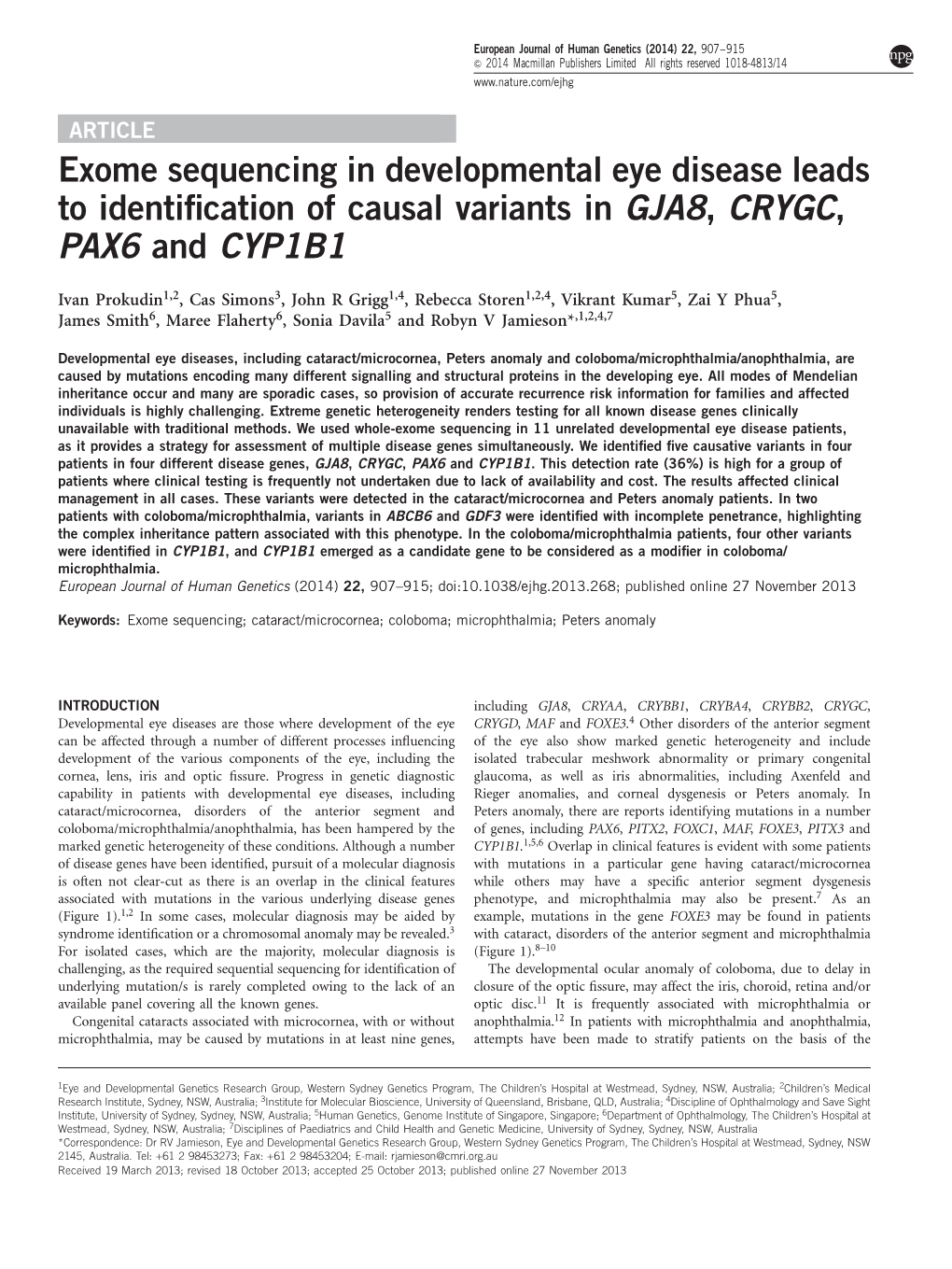 Exome Sequencing in Developmental Eye Disease Leads to Identification