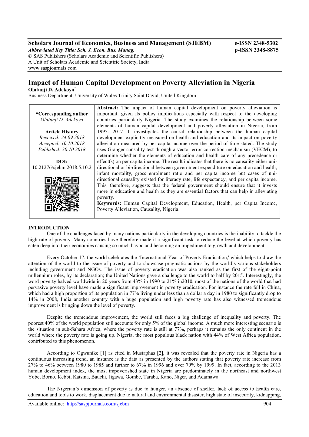 Impact of Human Capital Development on Poverty Alleviation in Nigeria Olatunji D