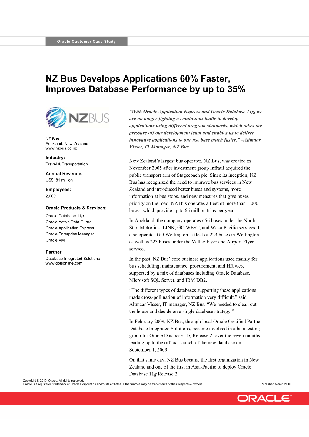 NZ Bus Develops Applications 60% Faster, Improves Database Performance by up to 35%