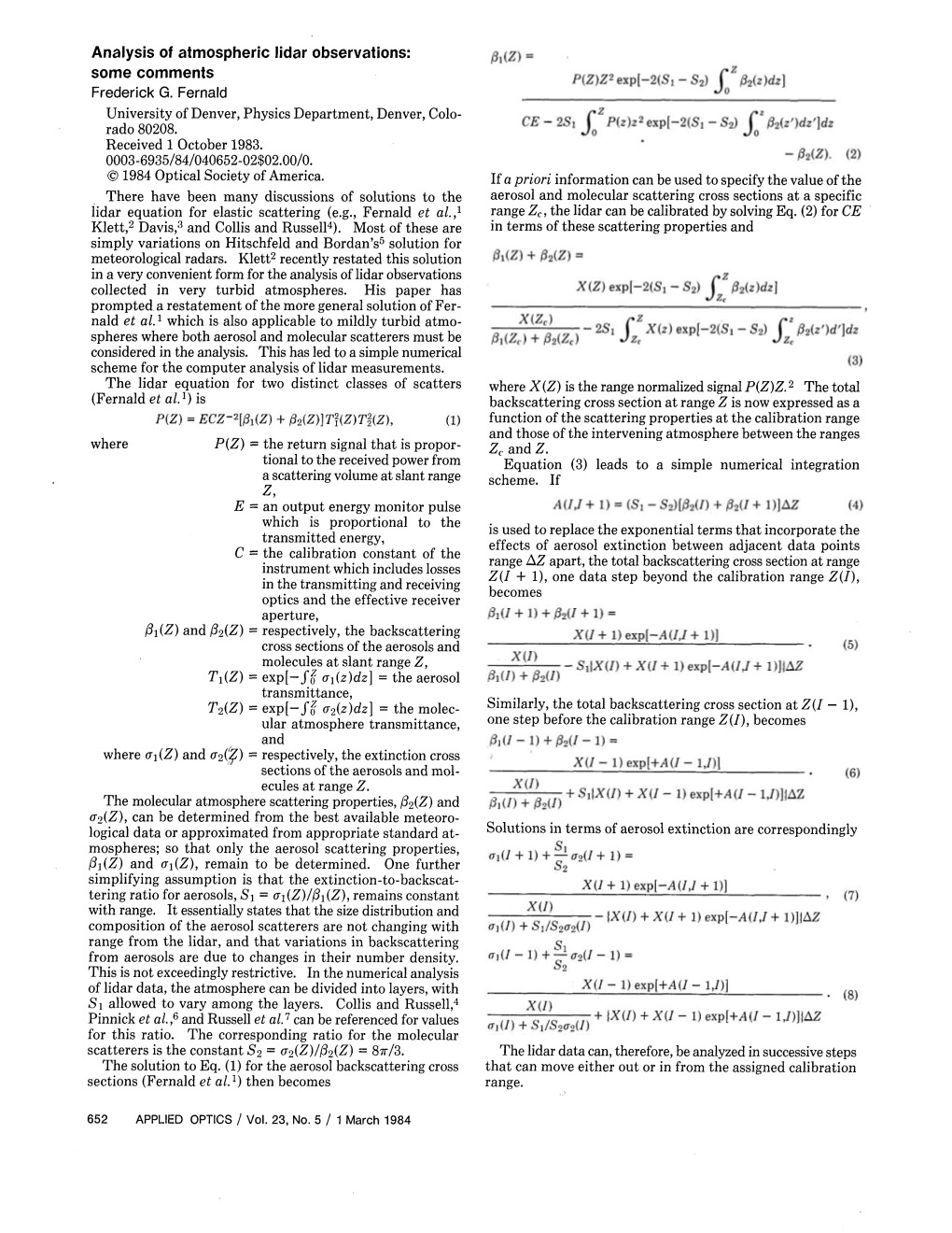 Analysis of Atmospheric Lidar Observations: Some Comments Frederick G