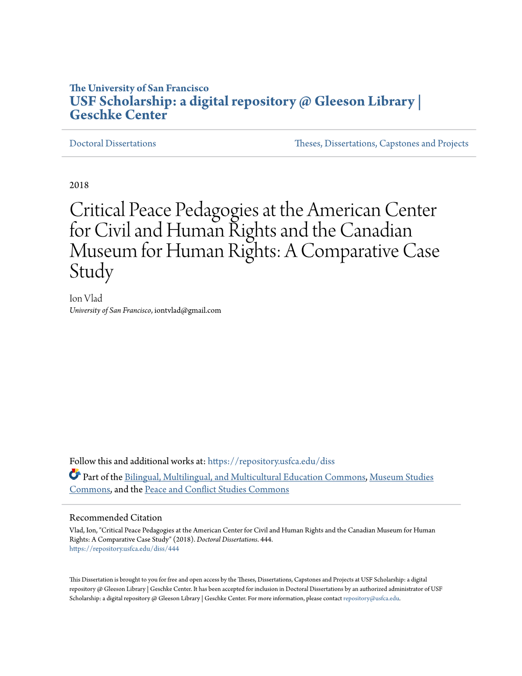 Critical Peace Pedagogies at the American Center for Civil and Human Rights and the Canadian Museum for Human Rights