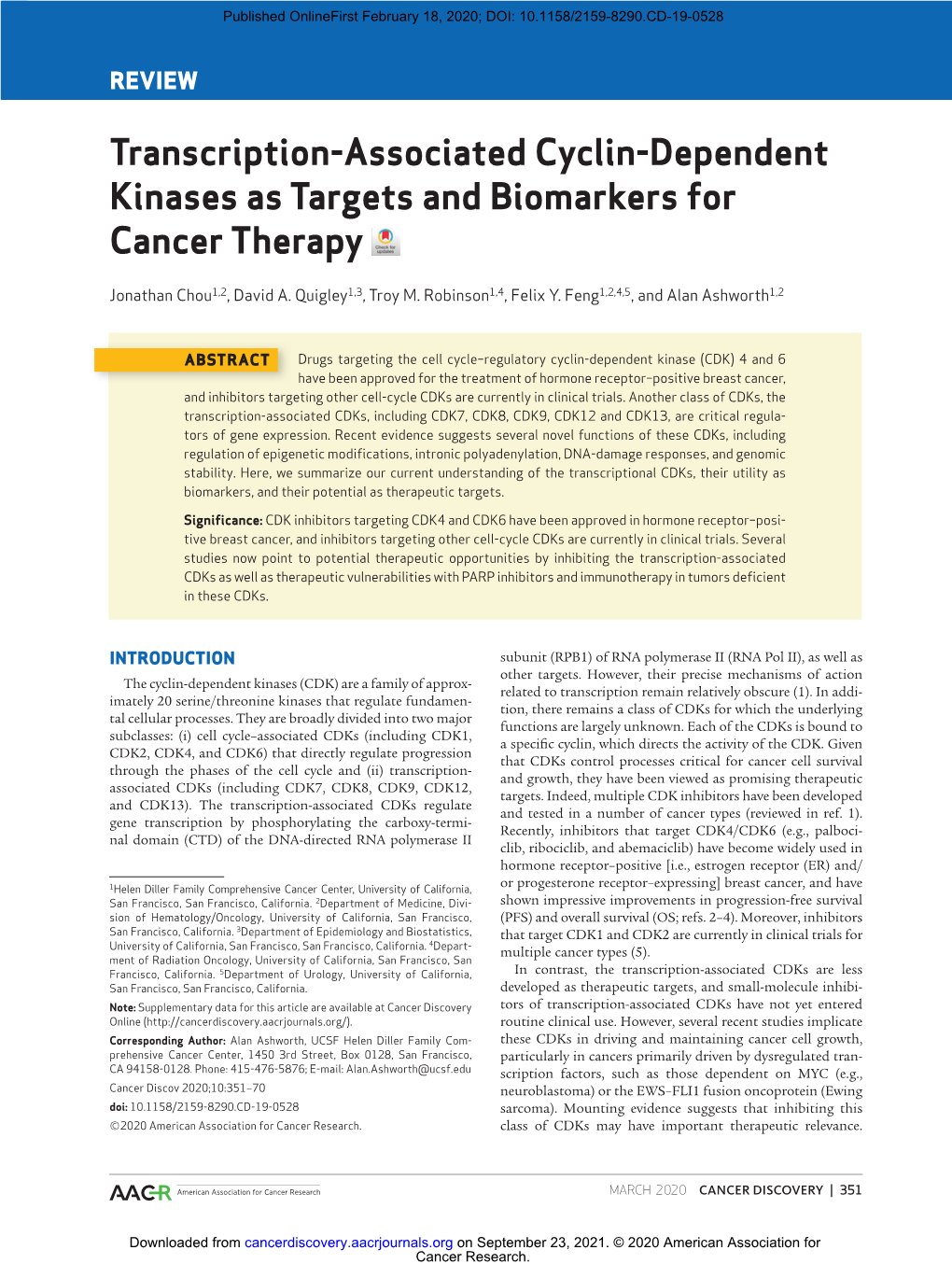 Transcription-Associated Cyclin-Dependent Kinases As Targets and Biomarkers for Cancer Therapy