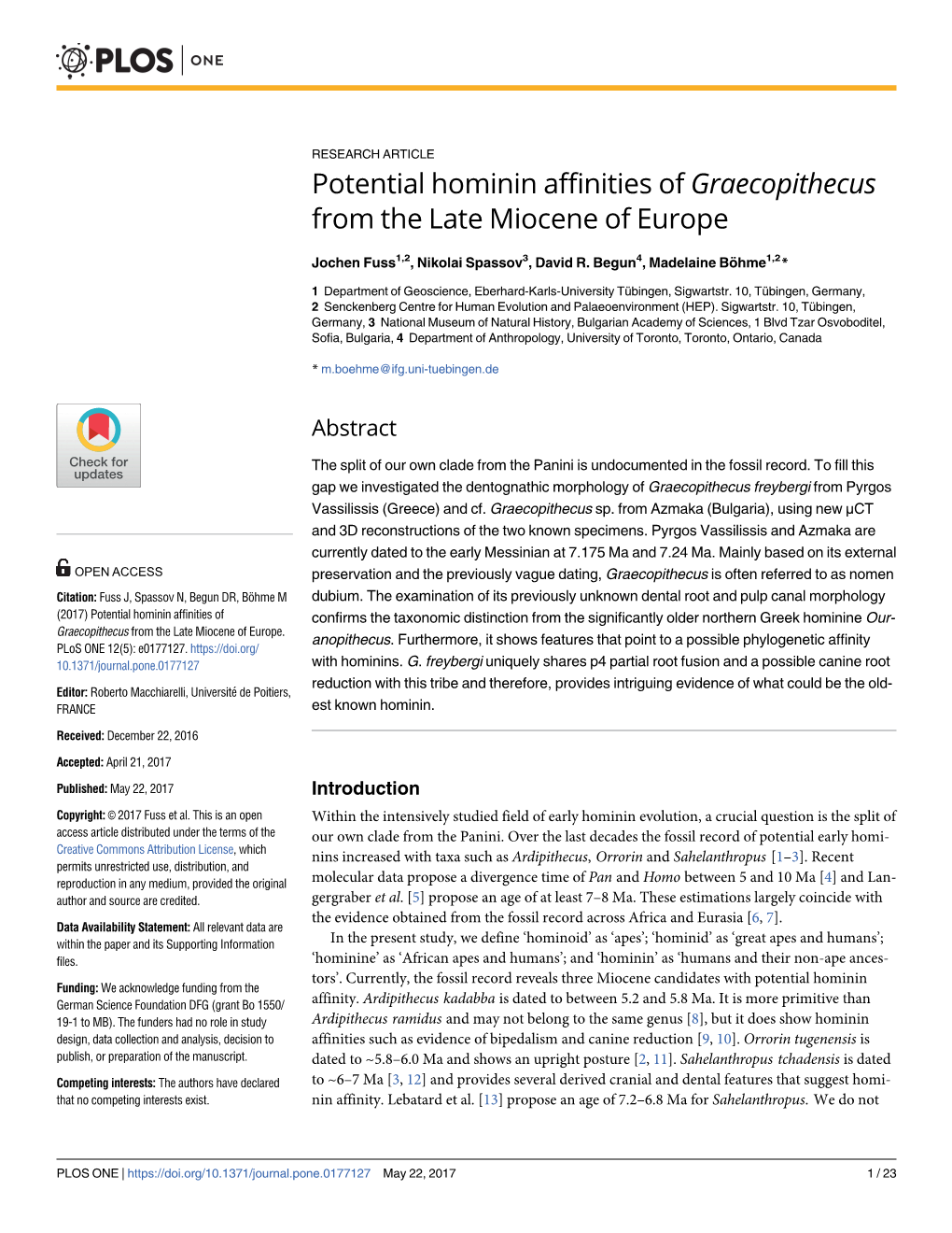 Potential Hominin Affinities of Graecopithecus from the Late Miocene of Europe