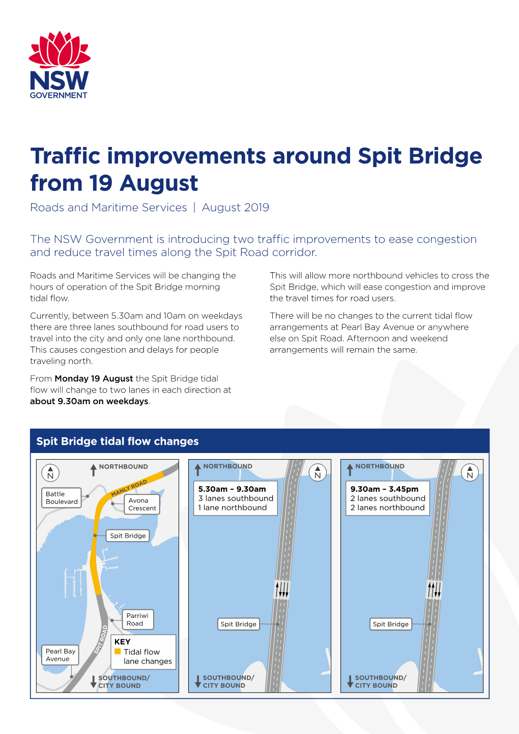 Traffic Improvements Around Spit Bridge from 19 August Roads and Maritime Services | August 2019