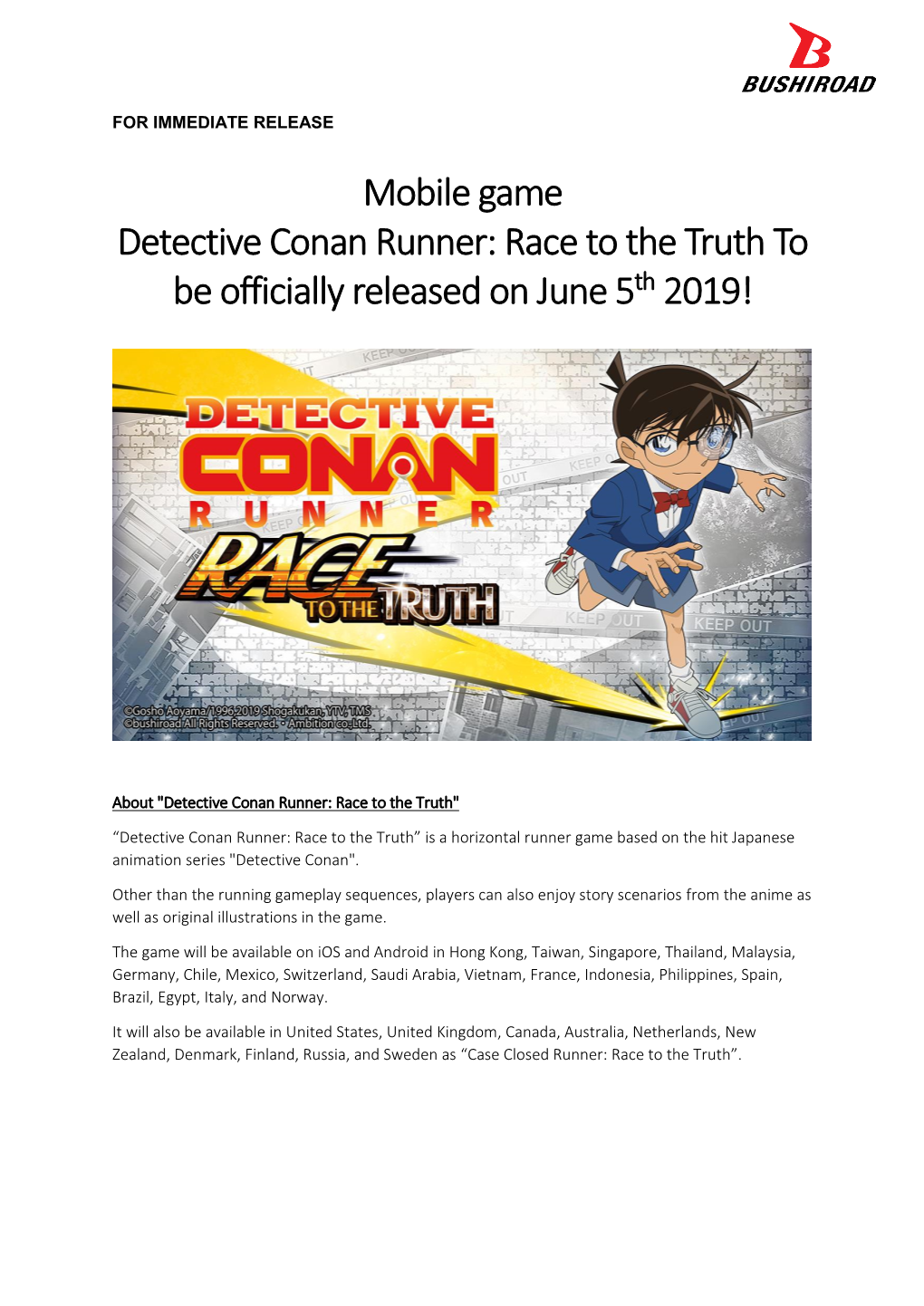 Detective Conan Runner: Race to the Truth to Be Officially Released on June 5Th 2019!