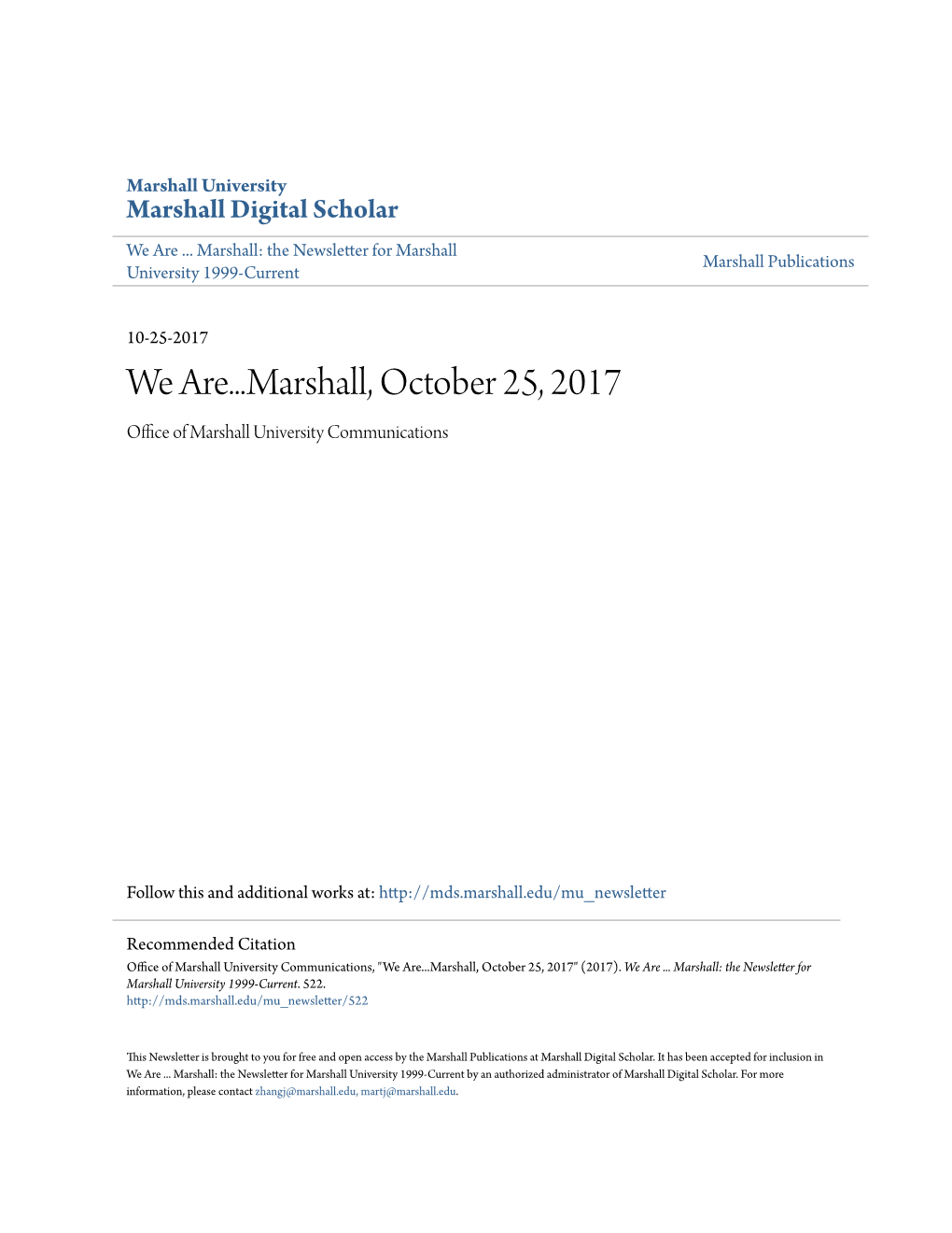 We Are...Marshall, October 25, 2017 Office Ofa M Rshall University Communications