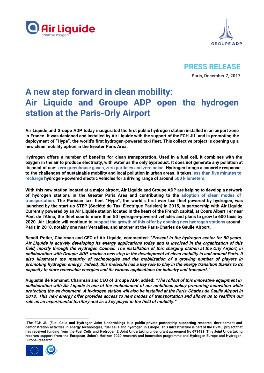 Air Liquide and Groupe ADP Open the Hydrogen Station​ ​At​ ​The​ ​Paris-Orly​ ​Airport