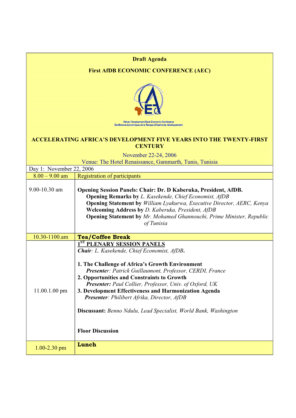 Draft Agenda First Afdb ECONOMIC CONFERENCE (AEC)