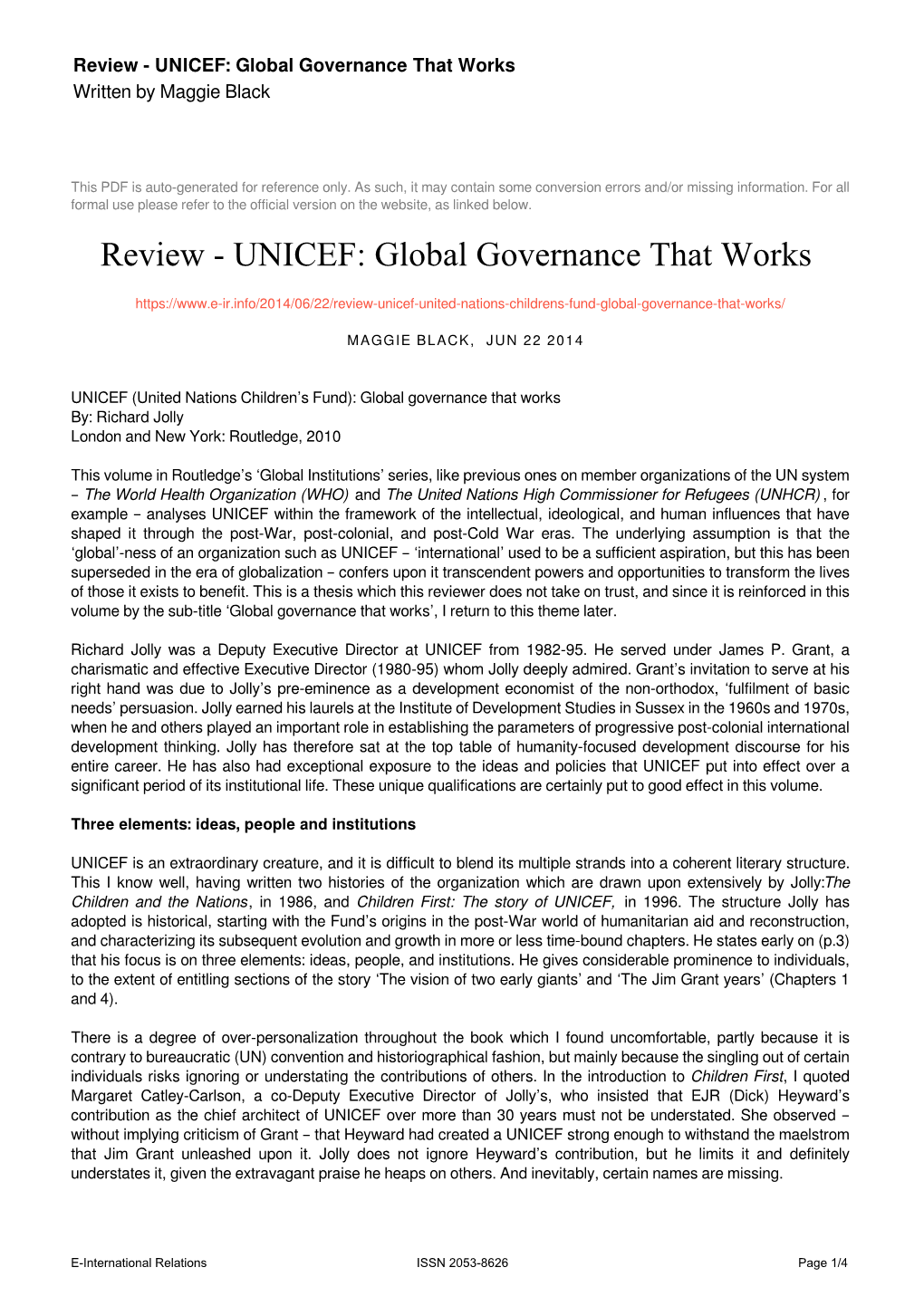 UNICEF: Global Governance That Works Written by Maggie Black