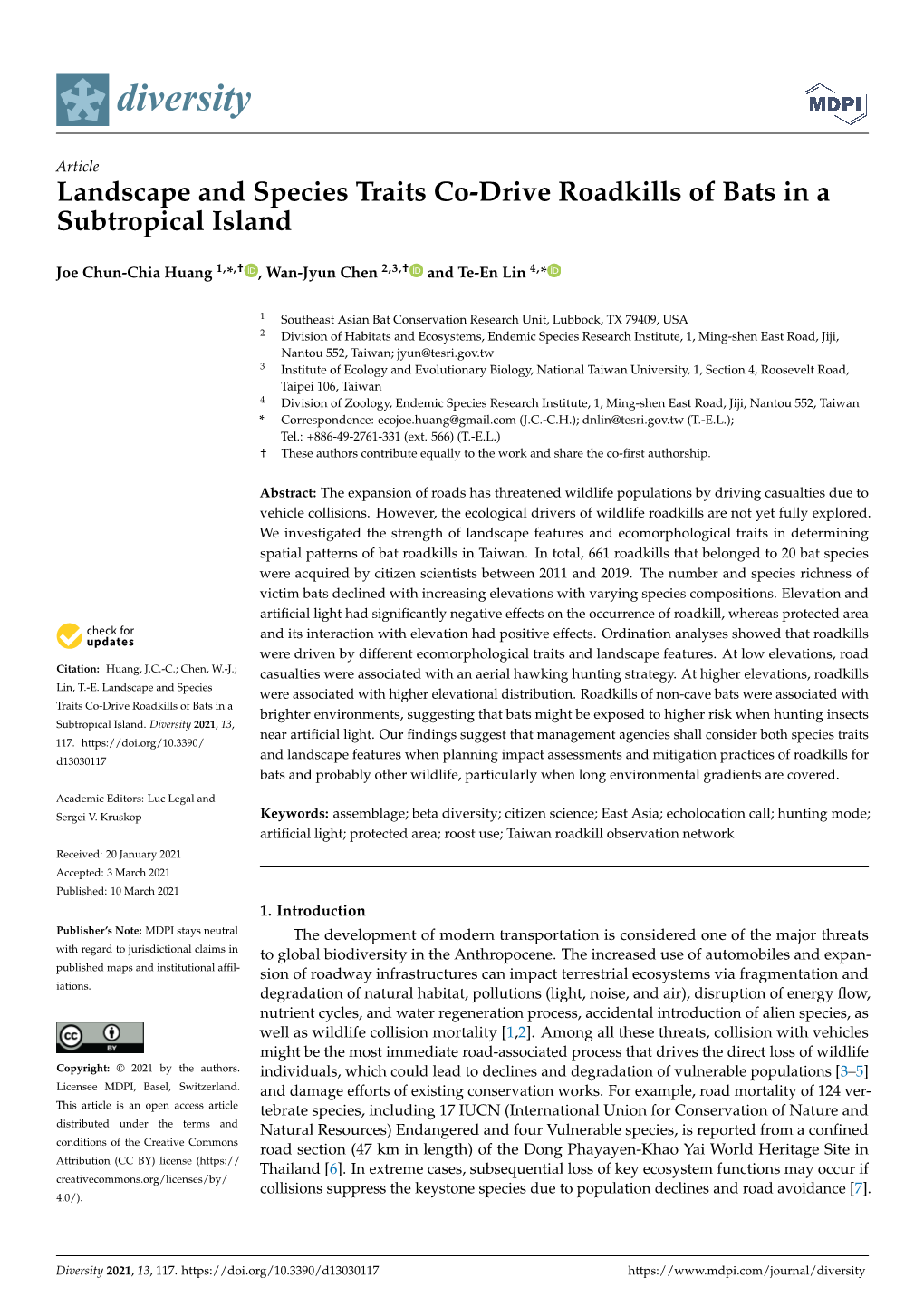 Landscape and Species Traits Co-Drive Roadkills of Bats in a Subtropical Island