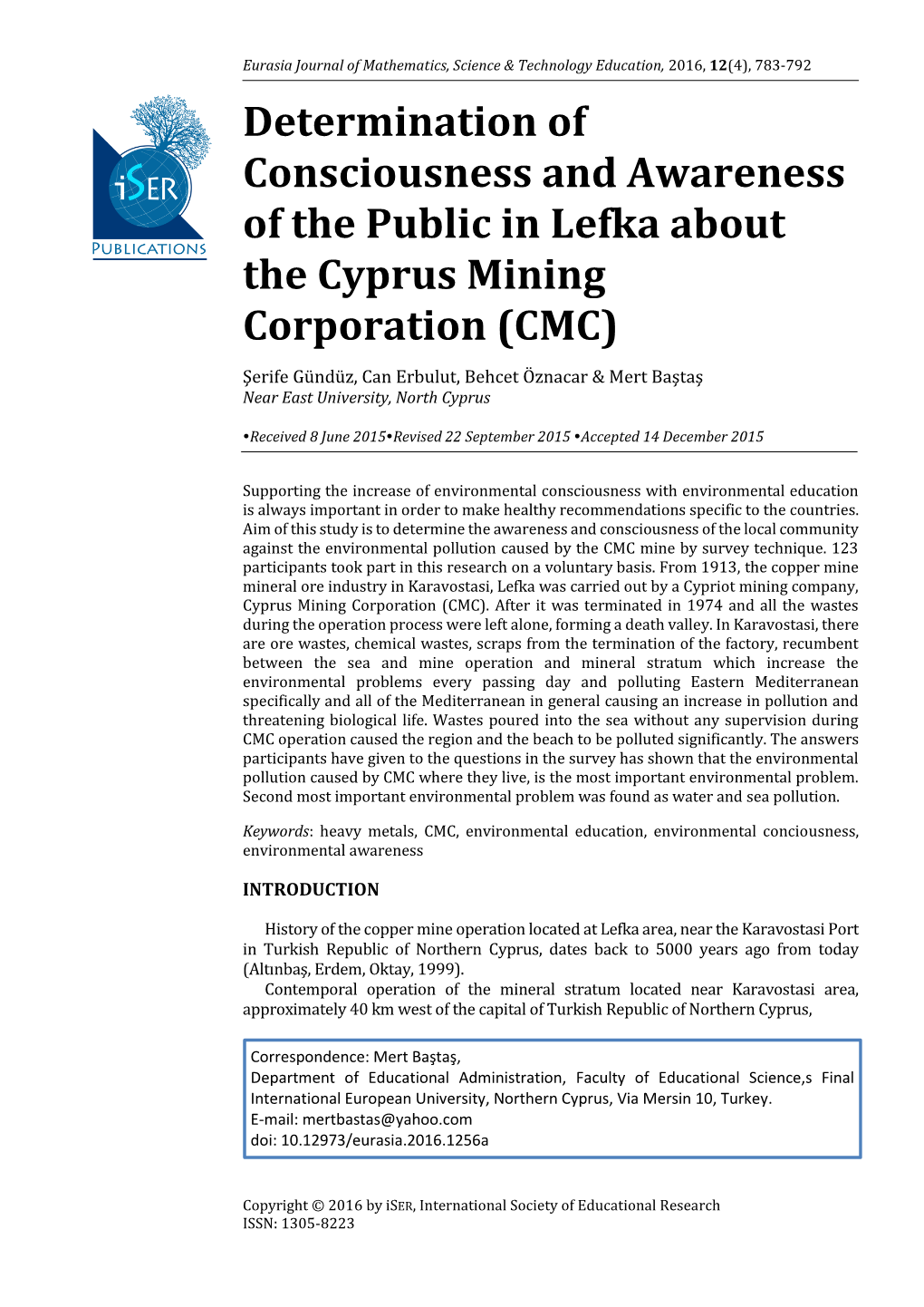 Determination of Consciousness and Awareness of the Public in Lefka About the Cyprus Mining Corporation (CMC)