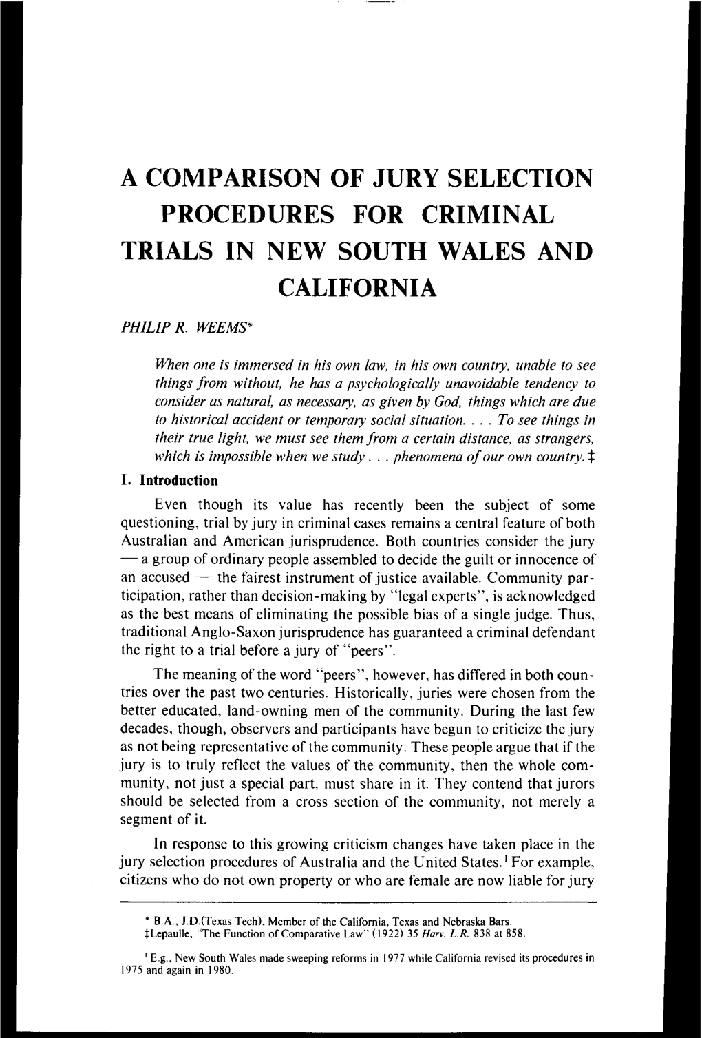 A Comparison of Jury Selection Procedures for Criminal Trials in New South Wales and California