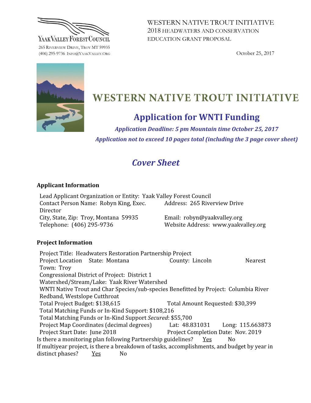 Cover Sheet Application for WNTI Funding