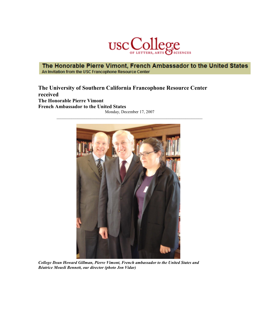 The USC Francophone Resource Center Received the French Ambassador to the United States, Pierre Vimont