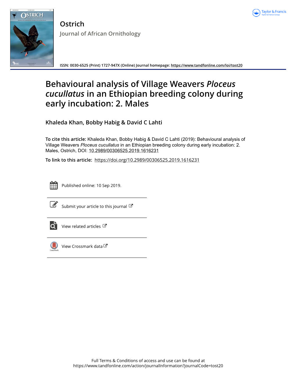 Behavioural Analysis of Village Weavers Ploceus Cucullatus in an Ethiopian Breeding Colony During Early Incubation: 2