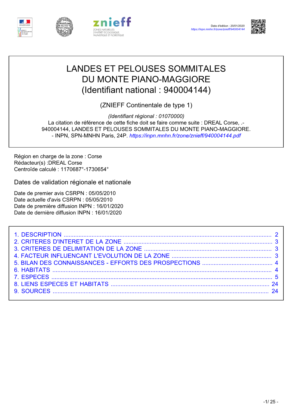 LANDES ET PELOUSES SOMMITALES DU MONTE PIANO-MAGGIORE (Identifiant National : 940004144)