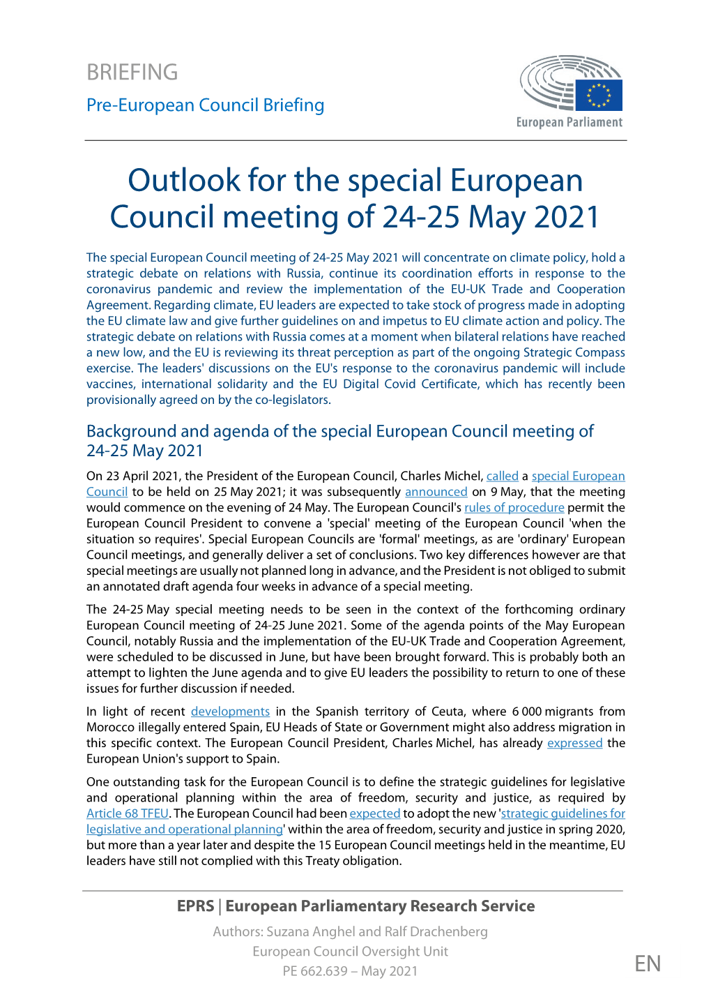 Outlook for the Special European Council Meeting of 24-25 May 2021