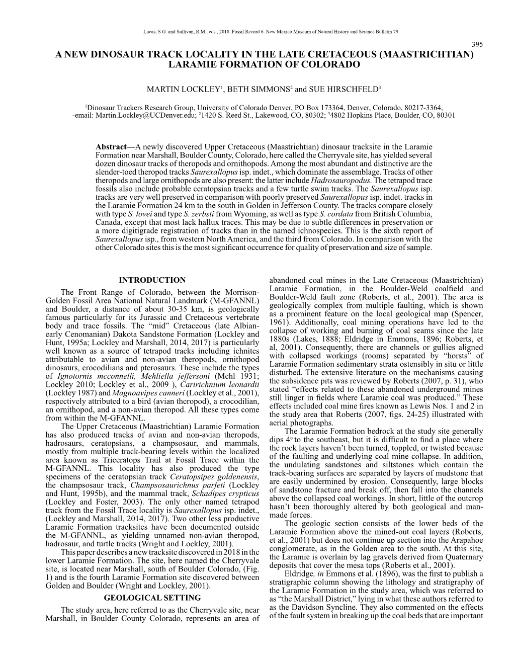 A New Dinosaur Track Locality in the Late Cretaceous (Maastrichtian) Laramie Formation of Colorado