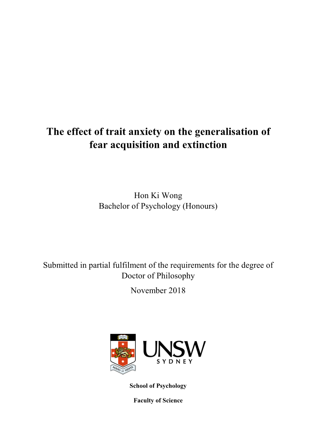 The Effect of Trait Anxiety on the Generalisation of Fear Acquisition and Extinction