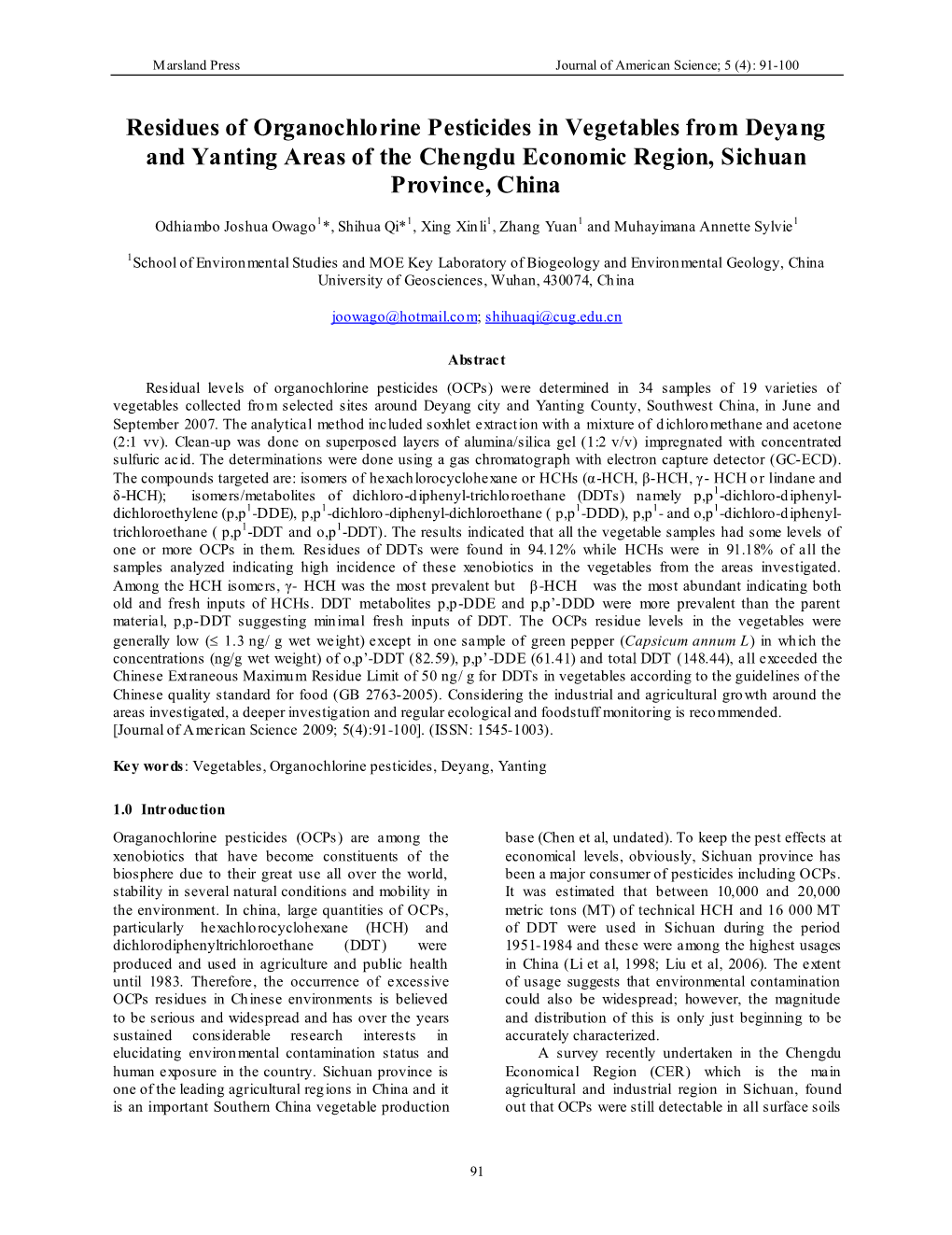 Residues of Organochlorine Pesticides in Vegetables from Deyang and Yanting Areas of the Chengdu Economic Region, Sichuan Province, China