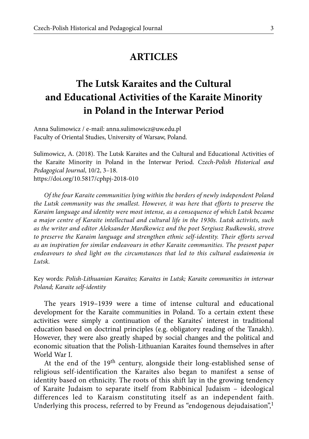 ARTICLES the Lutsk Karaites and the Cultural and Educational Activities